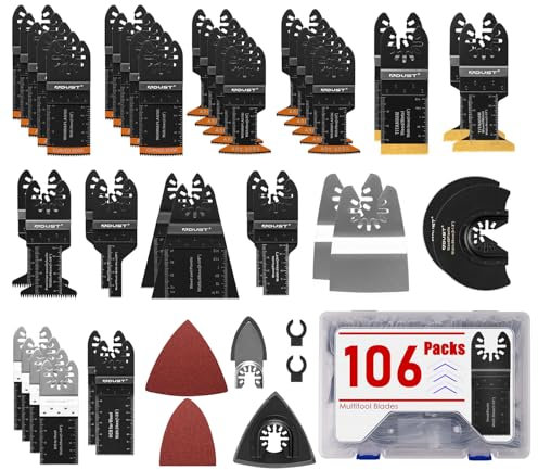Adust 106 Pack Oscillating Saw Blades with Case, Universal Multitool Blades, Oscillating Tool Blade, Arc Edge/Extra Long/Titanium/Bi-Metal for Wood/Metal/Plastic Fit Dewalt Milwaukee Ryobi