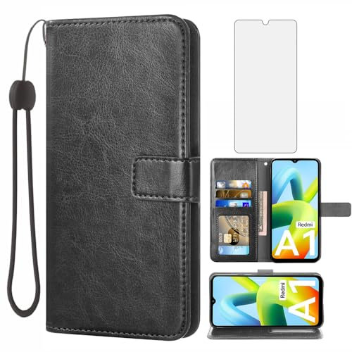 Asuwish Handyhülle für Xiaomi Redmi A1/A2 Hülle mit Folie Schutzfolie und Kartenfach Klappbar Leder Geldbörse Ständer Handyhüllen Panzerfolie Cover 1A 2A Handy Hüllen Schutzhülle Phone Case Schwarz