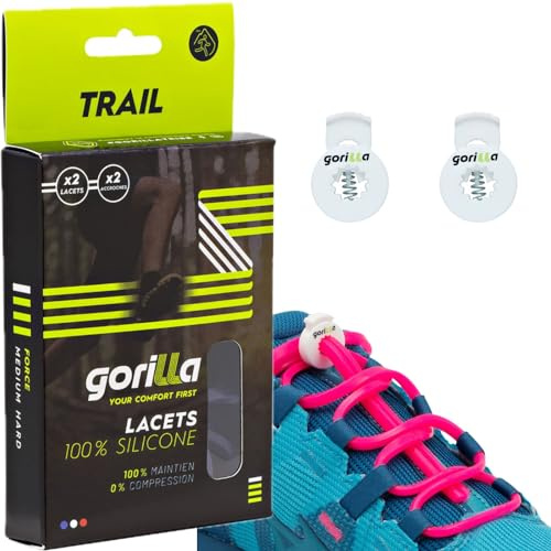 Gorilla Elastische Schnürsenkel aus Silikon für Trailrunning und Laufen | Schuhe anziehen und Zeit sparen, selbstverriegelnde Schnürsenkel ohne Binden, ultrarobust, praktisch, ergonomisch, 123 cm