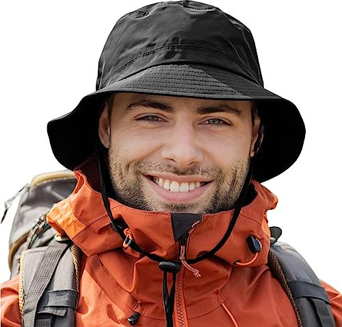 TOP-EX Wasserdichte Regenhüte für Herren & Damen, Allwetter Outdoor Safari Hut faltbar, UPF 50 Golf Eimer Sonnenhüte zum Angeln, Wandern, Trekking, verstellbar & winddicht M/L Schwarz