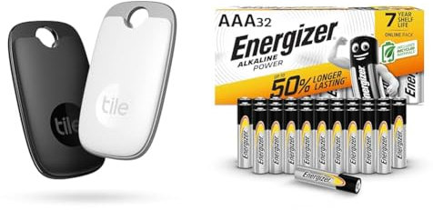 Tile Pro (2022) Bluetooth Item Finder, 2 Pack, 120m finding range, works with Alexa and Google Smart Home & Energizer AAA Batteries, Alkaline Power, Triple A Battery Pack, 32 Pack (Packaging May Vary)