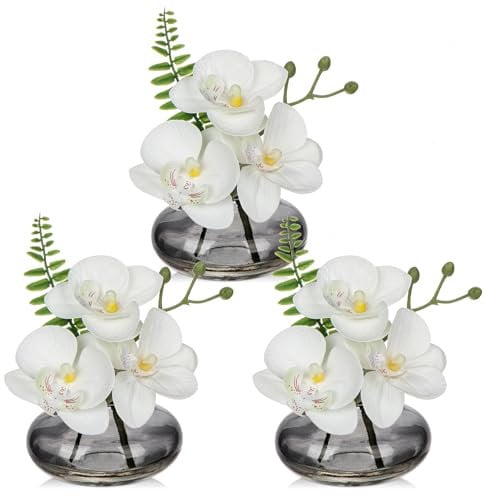 Briful Set di 3 orchidee artificiali in vaso di vetro Dimgrey, orchidee bianche fiori finti in acqua finta fiori artificiali per decorazione piante finte per soggiorno bagno ufficio arredamento