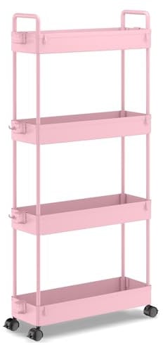 SOLEJAZZ Carrello portaoggetti a 4 ripiani, scorrevole, sottile, con rotelle, organizer per cucina, bagno, lavanderia, camera da letto, spazi stretti, plastica, rosa