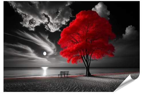 islandburner Poster XXL avec arbre rouge sur une plage claire de lune en noir et blanc, impression photo de qualité supérieure
