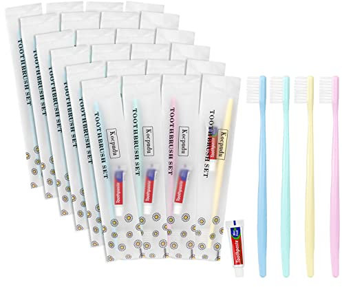 Einweg-Zahnbürste, Hotel-Zahnbürsten-Set, Einweg-Zahnbürste und Zahnpasta, einzeln verpackt, 4 Farben, zart und praktisch, geeignet für Hotel, Zuhause, Camping, Reisen (120 Stück)