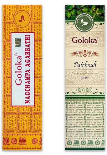 Nag Champa Räucherstäbchen 100 g + Patchouli 100 g – zwischen 70–90 Stäbchen von jedem Duft – Aromatherapie – Meditation – Yoga – Packaging Eco-Friendly