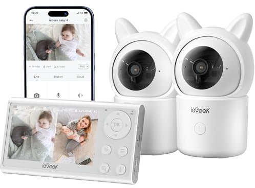 ieGeek Babyfon mit 2 Kameras und App, Intelligente Nachtsicht, WLAN Video Babyfon PTZ 360°, Automatische Verfolgung, Bewegungs/Geräuscherkennung, Temperaturanzeige, App Steuerung
