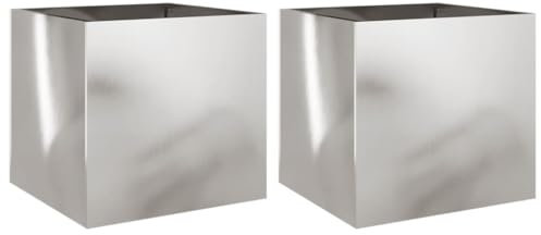 2er Set Blumentopf aus Metall, Outdoor Balkon Blumenkübel Pflanzkübel Blumenkasten Moderner Hochbeet Pflanzkasten für Haus und Garten, Silbern 42x40x39 cm Edelstahl