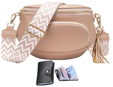 KUNKUN Bauchtasche Damen Umhängetasche Damen Gross Crossbody Bag Veganes Leder Handytasche Zum Umhängen senden RFID-Blockierung Kreditkartenpaket - Rosa