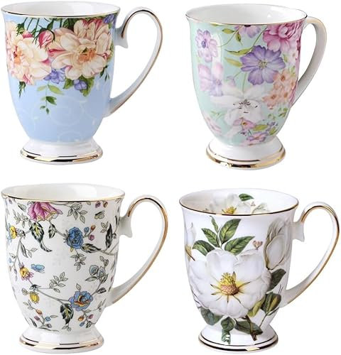 MIATTCLD Kaffeetassen 4er Set, Blumenmuster Kaffeebecher, Große Knochen China Teetassen, 300 ml Trinkbecher mit Griff für Cappuccino Kaffee Tee Milch Büro Geschenk Becher (B)
