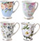 Kaffeetassen 4er Set, Blumenmuster Kaffeebecher, Große Knochen China Teetassen, 300 ml Trinkbecher mit Griff für Cappuccino Kaffee Tee Milch Büro Geschenk Becher (B)
