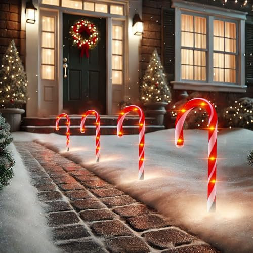 Taylor & Brown 4 Pack Candy Cane Christmas Lights Pathway Lawn Patio Garden Stake Lights Marker Festive Indoor Outdoor Decorations Battery Powered. (Red)