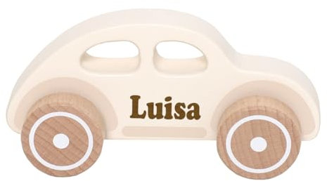 Elefantasie Spielzeug Auto aus Holz Retro Car personalisierbar mit Name Baby Geschenk mit Gravur (Beige)