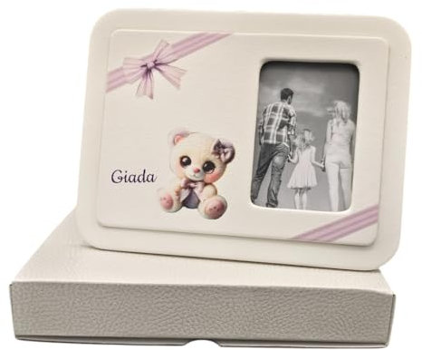 oggettando Portafoto cornice da tavolo CERIMONIE PERSONALIZZABILE in scatola da regalo. Bomboniere Matrimonio, Battesimo, Comunione, Laurea, Cresima, Anniversari e albero (Orsetto Rosa)