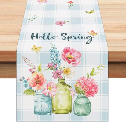 Bonhause Tischläufer Blumen Vase Pflanzen Tischläufer Aquarell Wildblumen Plaid Frühling Küche Esstisch Dekoration für Drinnen Draußen Urlaub Party Waschbar Wohnkultur Tafeltuch (33 x 183 cm)