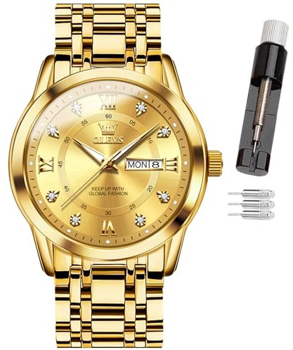 OLEVS Herren-Armbanduhr, mehrere Zifferblätter, wasserdicht, Leuchtend, Chronograph, Herrenuhr mit Datumsgeschenk, Edelstahl, Klassische Herren-Armbanduhr, luxuriöse Uhren, Zc-5513, goldfarben,
