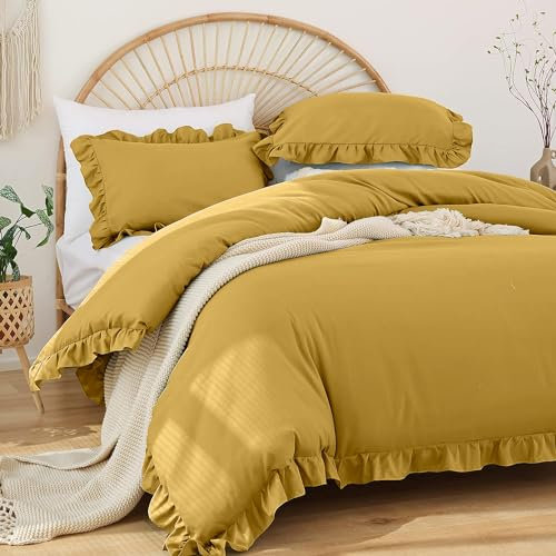 Covebett Rüschen Bettwäsche 200x220 Gelb Senfgelb Uni Romantische Rüschenbettwäsche Set Bettbezug Einfarbig Renforce Mikrofaser Doppelbett Deckenbezug mit 2 Kissenbezug 80x80 cm Reißverschluss