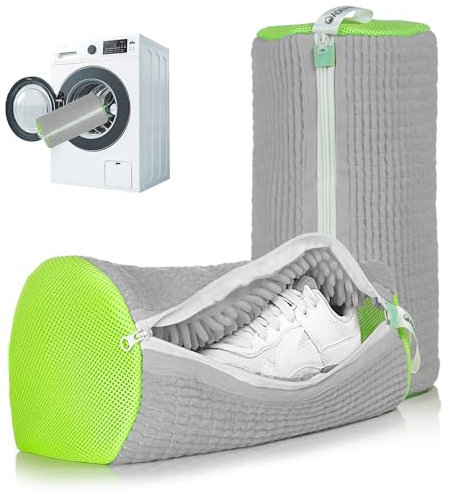 ADEHMDA Shoe Washing Machine Bag, Trainer Washing Machine Bag with Zipper, Laundry Shoe Bag for Washer & Dryer, Elongated Thicken Microfiber Fluff, Suitable for Multiple Shoe Types (2pcs, Grey-Green)
