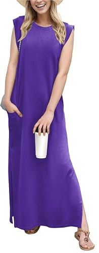 GRECERELLE Maxi abito estivo da donna, stile casual, stile elegante, senza maniche, maxi abito da donna UK con spacco e tasche