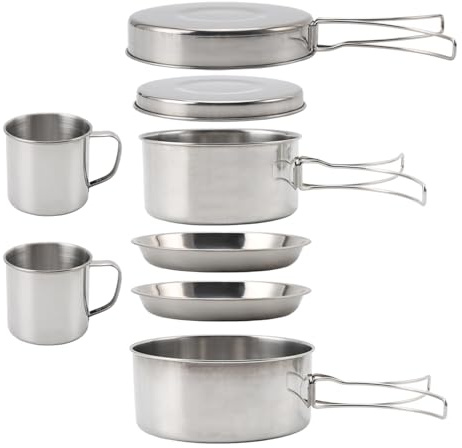 Camping Cookware Set 8pcs - Stainless Steel Pot & Pan Kit with Plates & Cutlery for 2-3 People | Portable Mess Kit for Camping, Hiking, Picnic & Outdoor Cooking (Compact & Lightweight)