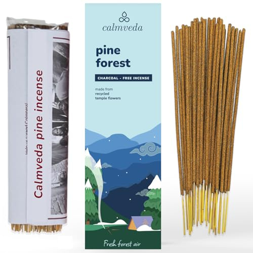 CALMVEDA Pine Kiefer Räucherstäbchen Natur - 80 weihrauch stäbchen | Natürlicher Tannenduft ohne Kohle, Bio Qualität | Aroma von frischen Kiefernnadeln und holziger Rinde (Räucherstäbchen Zirbenholz)