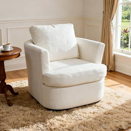 BonVache Drehsessel, Chenille Sessel, 360° Schwenkbarer Entspannungsstuhl, mit U-förmiger Rückenlehne und gepolsterter Sitzfläche, geeignet für Wohnzimmer, Schlafzimmer und Büro, Weiß
