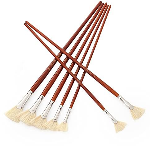 Professional 7pcs Fan Brush for Painting with Hog Bristle Natural Hair and Long Wood Handle Artist Brushes Acrylic Watercolor