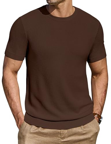 COOFANDY T-Shirts Hommes Chemise à Manches Courtes Col Rond en Tricot Pull Tricoté D’éTé Hauts à Coupe RéGulièRe Marron XL