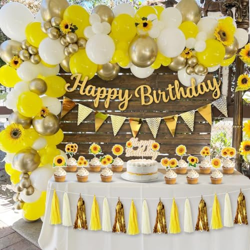 Gelb Geburtstagsdeko, Sonnenblumen Geburtstagsdeko Gold Gelb Weiß Luftballons Gold Konfetti Luftballons Quasten Girlande Sonnenblumen Tortenaufsatz