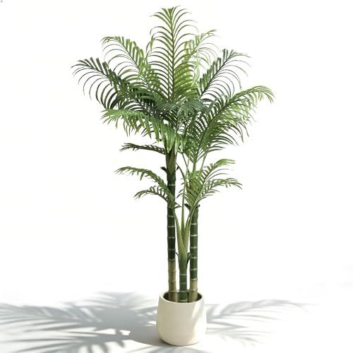 Artificial Palm Tree with White Planter, Large Fake Plants Golden Cane Palm Tree Plastic Tall Areca Palm in Pot for Indoor Outdoor Home Office Living Room Bedroom Decor (5ft)