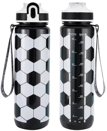 NAVTUE Water Bottle, 1L Sports Water Bottle with Straw, Time Markings, Tritan BPA free, Leakproof Drinks Bottle for School, Cycling, Running (2026Soccer)