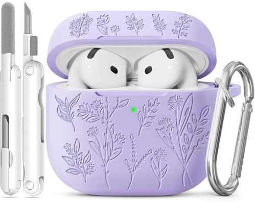 Joremx Silikon Niedliches Grasmuster Hülle (Hellviolett-für AirPods 4) | Case mit entzückendem lasergraviertem Pflanzenmuster, Damen & Mädchen Schutzhülle, inkl. Reinigungsset & Schlüsselanhänger