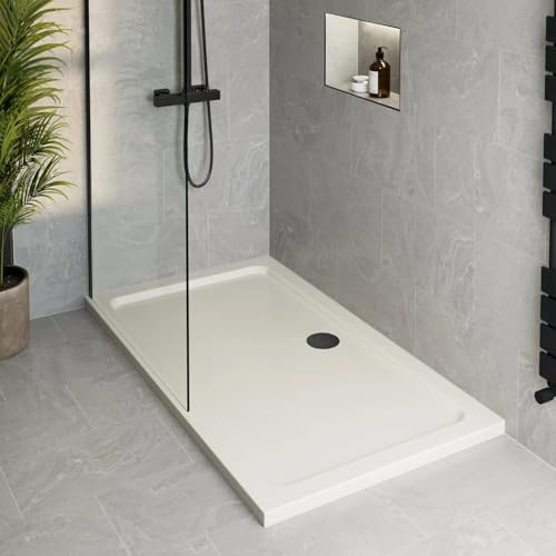 Podium® 1000 x 700 x 45mm White Bathroom Non Slip Shower Tray for Enclosures Cubicles & Wet Room with Black Waste, Rectangular