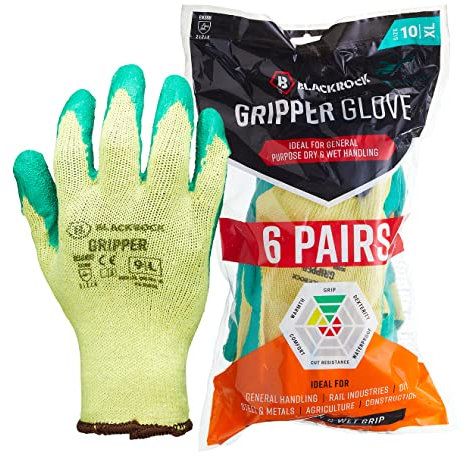 Blackrock Pack of 6 Latex Gripper Work Gloves, Gardening, Mens and Womens, Heavy Duty, Thorn Resistant, Construction, Waterproof Palm, Thick Garden Safety Gloves, DIY - Size 10/XL