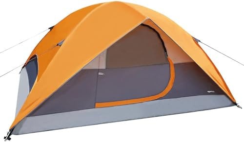 Amazon Basics Tienda de campaña con lona y bolsa de transporte impermeable para 3 estaciones, fácil instalación para 4 personas, naranja y gris