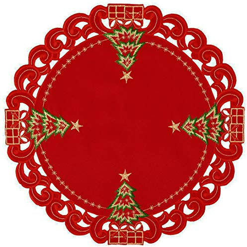 Grelucgo Embroidered Christmas Holiday Holly Tree Table Doily Place-mats (Round 16 (Set of 4))
