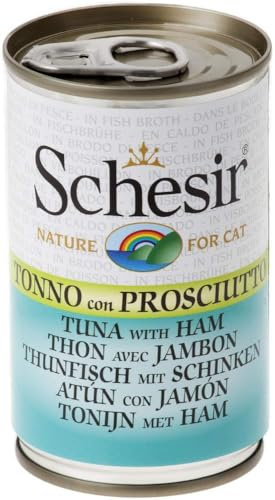 Schesir Cat in Brühe Thunfisch mit Schinken, Katzenfutter nass in eigener Kochbrühe, 24 Dosen x 140 g