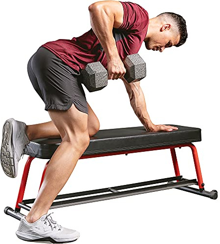 Sunny Health & Fitness Power Zone Strength Flat Bench with Dumbbell Rack and Transport Wheels - SF-BH6996, Black