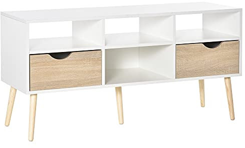 HOMCOM Mueble de TV para Televisiones 50”Mesa para TV de Salón Comedor Moderna con 2 Cajones y 4 Compartimentos Patas de Madera Antivuelco 117x39x57 cm Blanco y Madera Natural