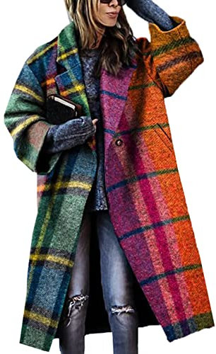 WHZXYDN Manteau à Revers à Manches Longues Et à Carreaux à Blocs De Couleur pour Femmes d'automne Manteau en Laine Imprimé