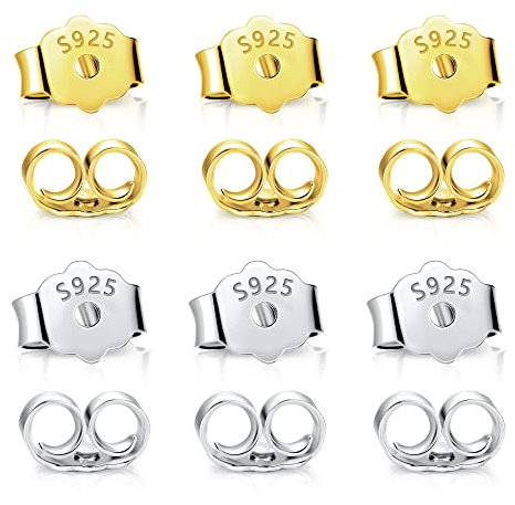 6Pairs Sterling Silver Earring Backs Replacements for Posts Hypoallergenic 925 Sterling Silver Earrings Finding Butterfly Backs for Studs Gold Secure Earring Backings Safety Locking Ear Stoppers
