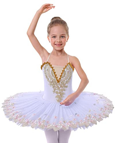 IBAKOM Girls Ballet Dance Dress Swan Lake Sling Strap Lace Pearl Embroidery Camisole Gymnastic Leotard Tutu Costume Figure Skating Dancewear Ballerina Outfit White - Beaded 7-8 Years