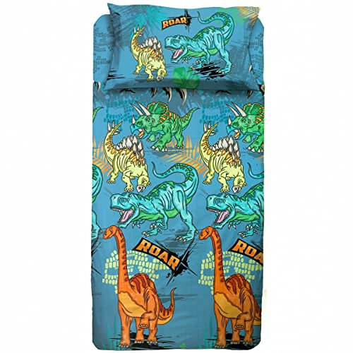 hermet Dinosauri, Set Lenzuolo Singolo Cameretta, Una Piazza, Completo Letto, Lenzuolo Sopra, Lenzuolo Sotto Con Angoli, Federa, 100% Cotone, Azzurro