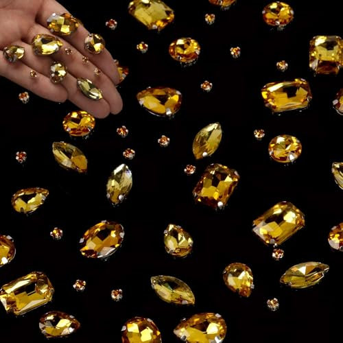 GEFIRE 186 Stück Strasssteine zum Aufnähen, Schmucksteine Diamant, Glas Kristall Strass, Strasssteine Kleidung, Deko Diamanten, Handgenähtes Diamant-Zubehör für DIY-Kleidung Brautschuhe Zubehör(Gold)