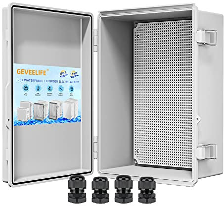 Waterproof Junction Box ABS Plastic, Outdoor Electrical Box IP67 Hinged Cover Project Box with Mounting Plate Wall Brackets and 2 Cable Glands, Grey Electrical Enclosure 13.8x9.8x5.9