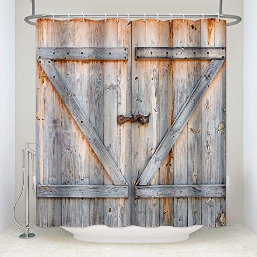 SDOTPMT 120x180cm Weinlese Scheune Tür Duschvorhang Retro Hölzern Planke Badevorhang Ländlich Bauernhaus Land Badewannenvorhang für Badezimmer Polyester mit Haken