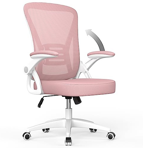 rattantree Silla de Oficina, Silla de Escritorio Ergonómica con Reposabrazos Plegables, Altura Ajustable, Soporte Lumbar, Silla Giratoria para Computadora con Cojín de Asiento Acolchado Rosa