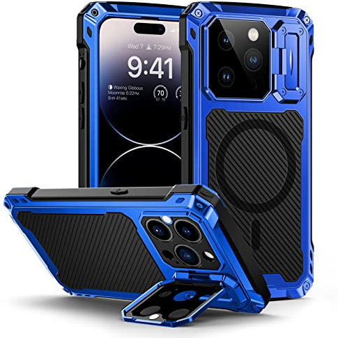 Lanhiem für iPhone 14 Pro Hülle, Magnetisch Metall Handyhülle mit Kameraschutz Ständer Robust Stoßfest Ganzkörper Militärstandard Schutzhülle Heavy Duty Case mit Eingebautem Displayschutz, Blau