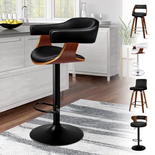 ALFORDSON Bar Stool, Adjustable Barstool PU Leather, 360° Swivel Wooden Kitchen Chair with Backrest and Footrest, for Dining Room Pub Bar Countertop, 150KG Loads, Black (1 Pc)