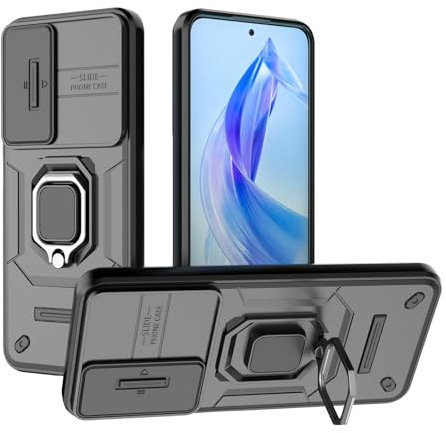TEYYOS Panzerhülle Kompatibel mit Honor 90 Lite, Stoßfest Hülle Handyhülle Schutzhülle mit Schiebedeckel und Halterung - Schwarz